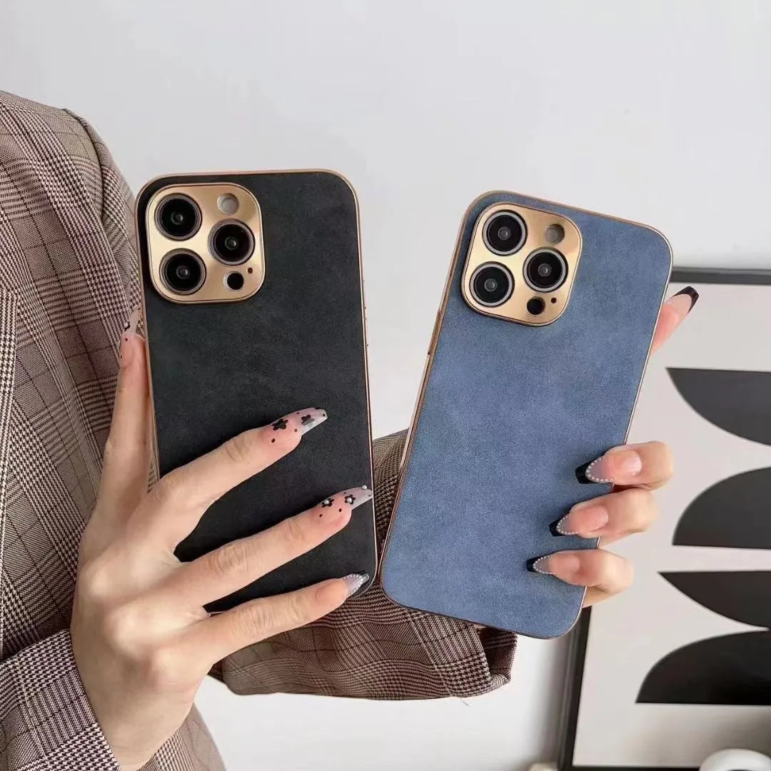 Leather texture grey-green TPU phone case fitted on an iPhone showing precise button and camera cutouts.