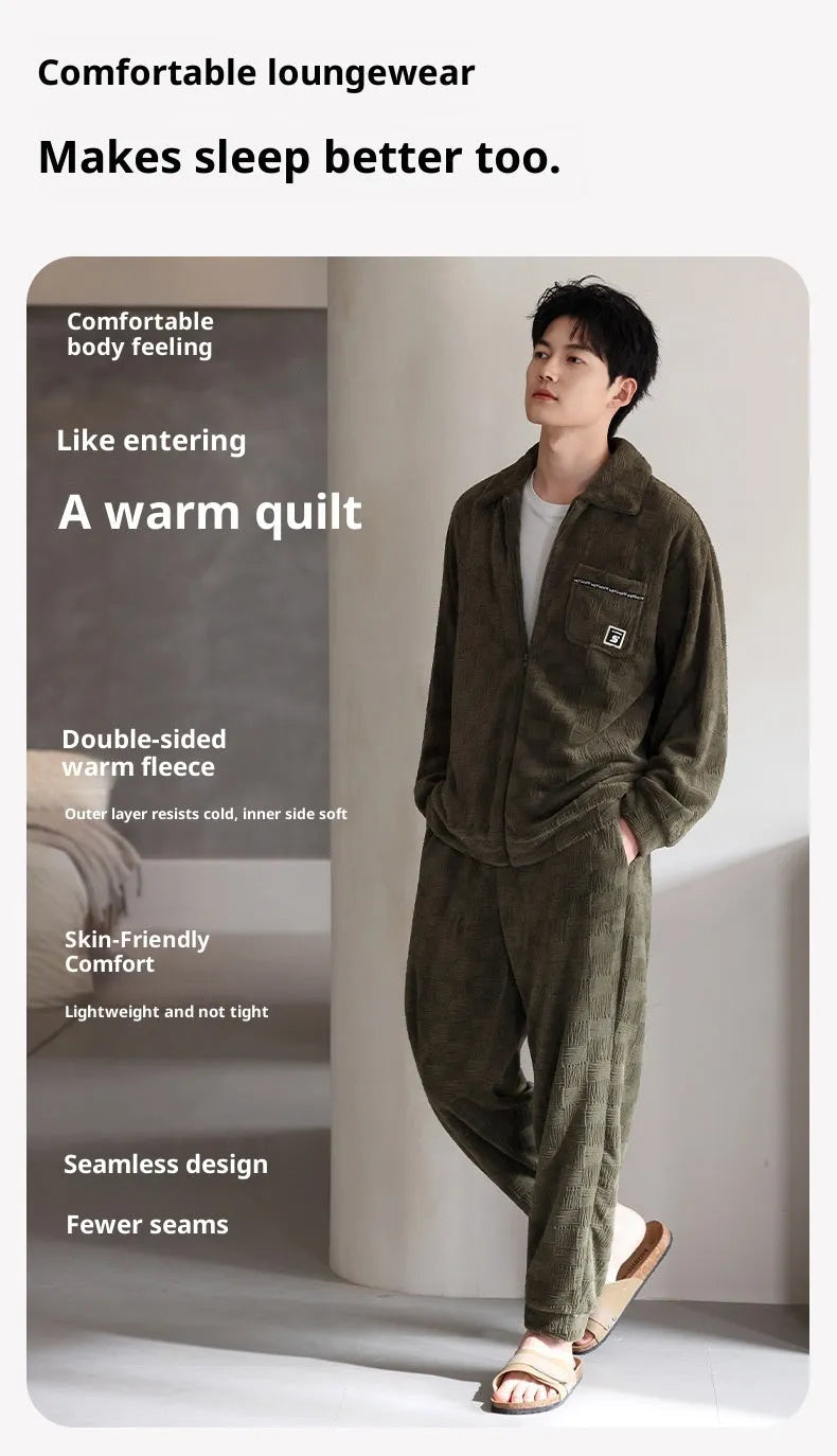 Men's coral velvet pajamas suit in black – super thick flannel two-piece set with top and pants for sleep and outdoor warmth