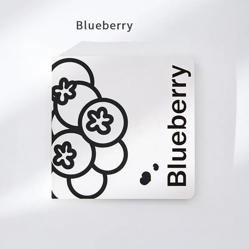 Square fruit design notebook with 14.5cm sides showing colour-embossed cover options.