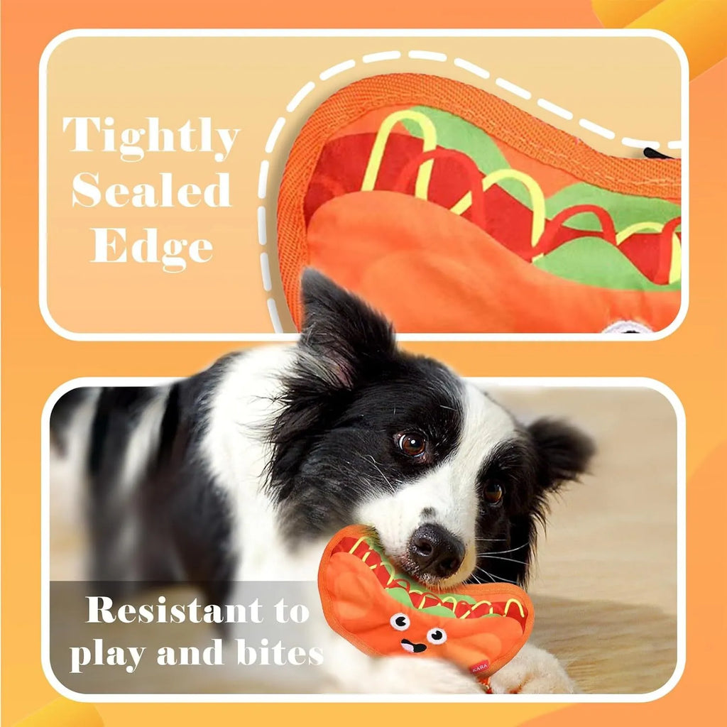 Colourful food-shaped dog toys including a burger, fries, hot dog, and pizza on a white background.