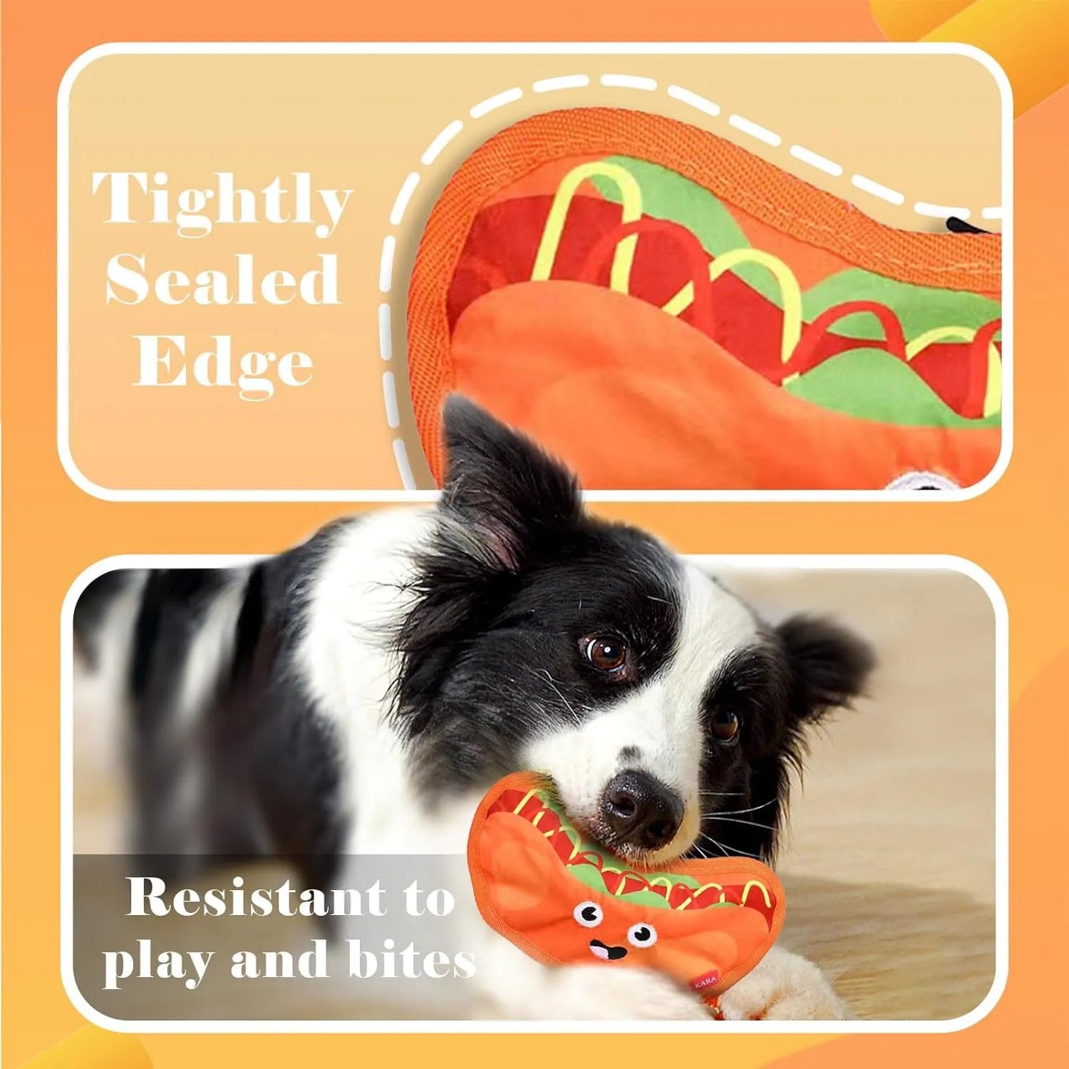 Colourful food-shaped dog toys including a burger, fries, hot dog, and pizza on a white background.