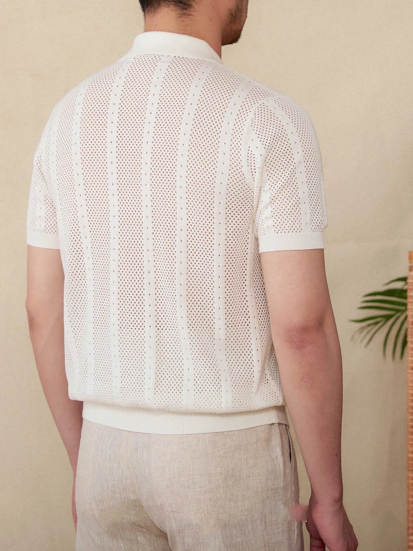 Men's short sleeve lapel cardigan in striped 100% cotton knitted fabric