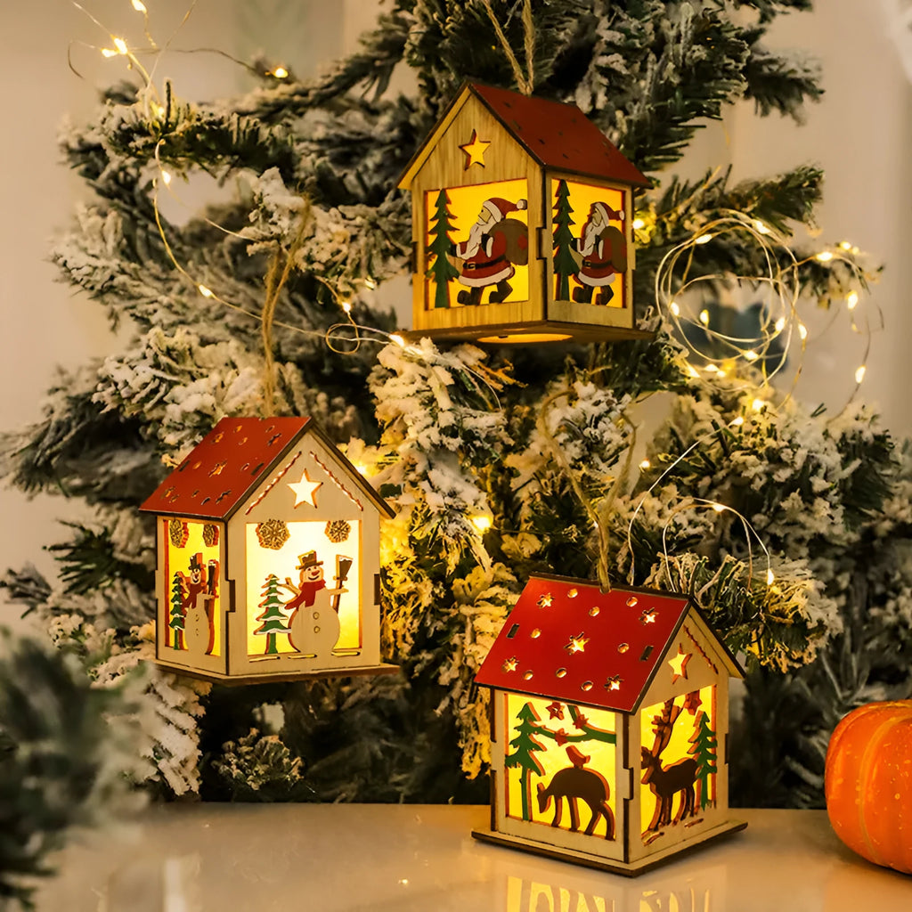 Wooden festive pendant 7cm x 7cm x 9cm with LED wick and battery in snowman, Santa or elk design