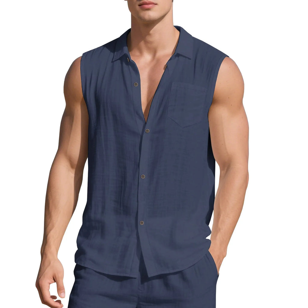 Men's solid colour linen cardigan vest with a polo collar, shown in a loose fit.
