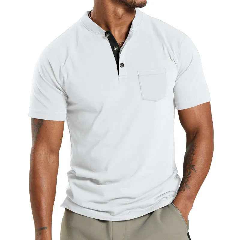 Men's plus size solid colour short sleeve polyester shirt with a button pocket on the chest.