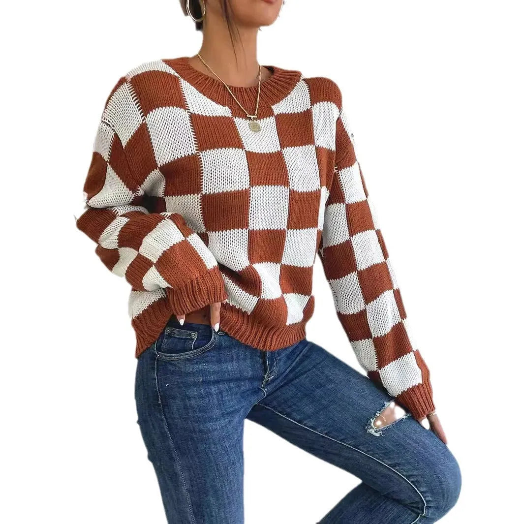 Dark brown plaid pattern acrylic pullover sweater with long sleeves and a round neck.
