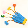 Yellow and blue plush cat toy glove with a bell attached to a 40cm long trailer.