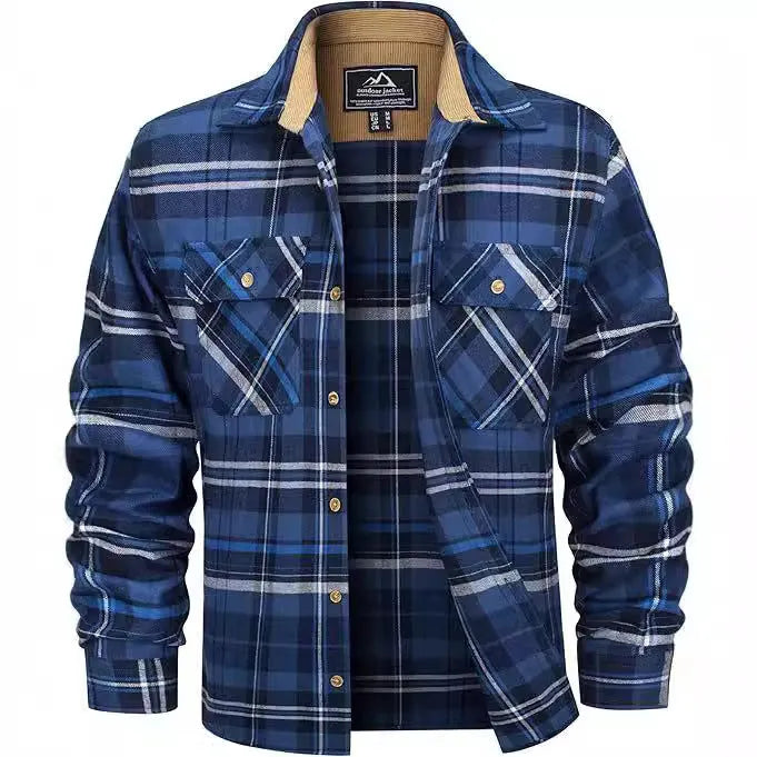 Man wearing a casual plaid button shirt in a winter setting, showing the cardigan style and loose fit.