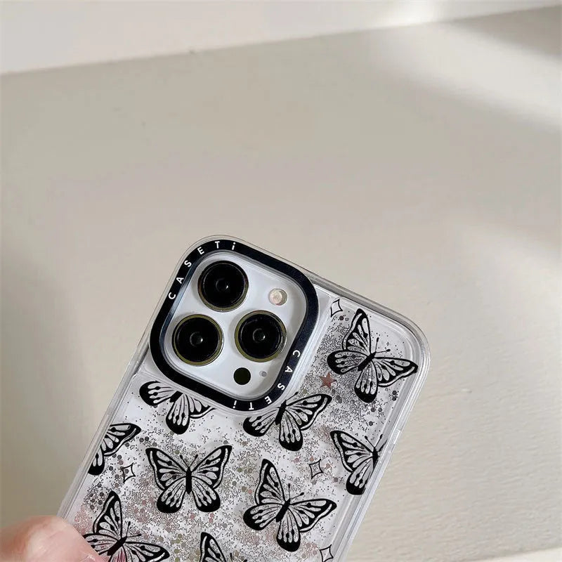 Transparent PC iPhone case with black butterfly cartoon sprayed design and fall prevention function.