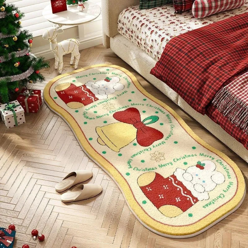Christmas-themed imitation cashmere floor rug with festive pattern options on a wooden floor.