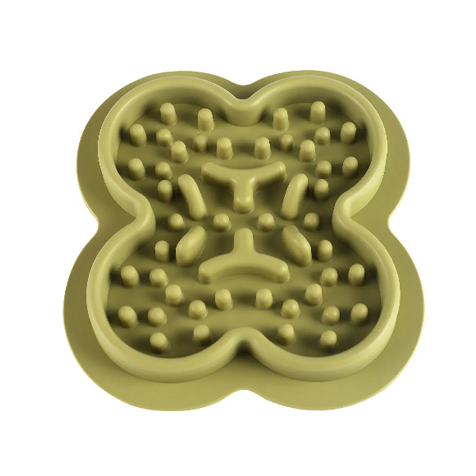 Silicone pet licking pad slow feeder mat in green colour with textured surface, showing scale.
