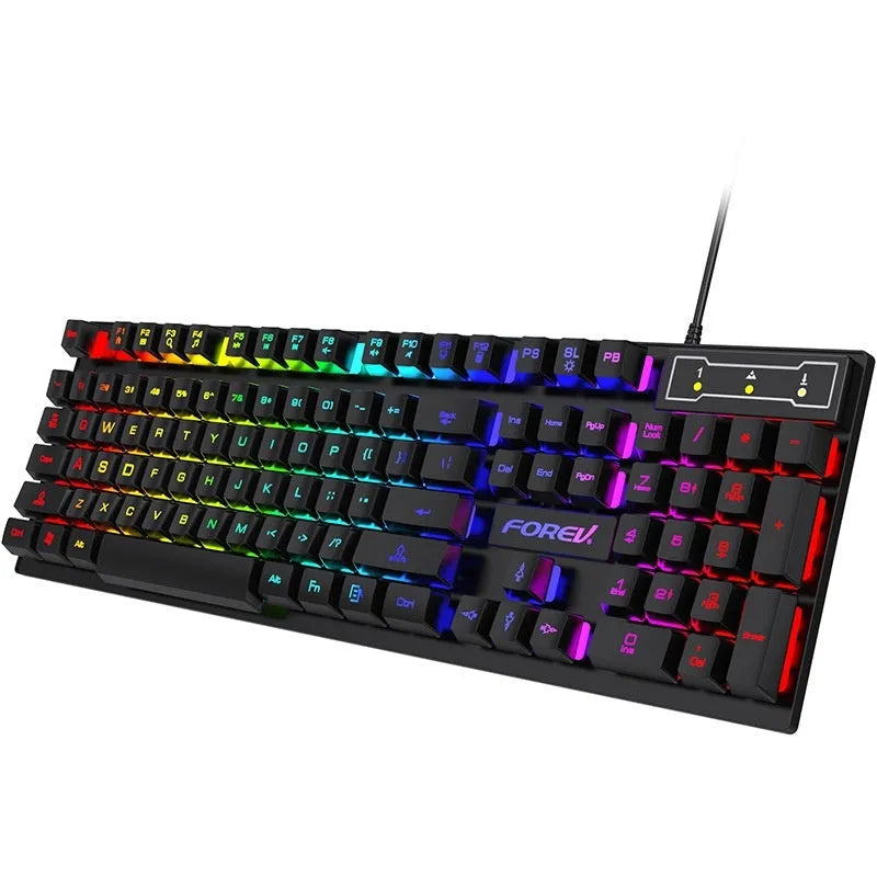 Black 104-key backlit gaming keyboard with mouse bundle on gaming desk