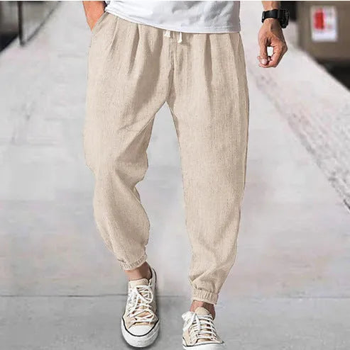 Men's casual cotton ankle banded summer pants in loose fit showing colour options