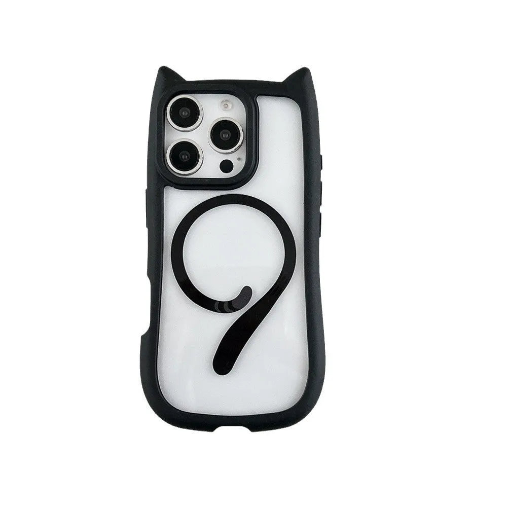 Clear acrylic and TPU magnetic phone case for iPhone 17 in black, blue, grey, and pink colours.