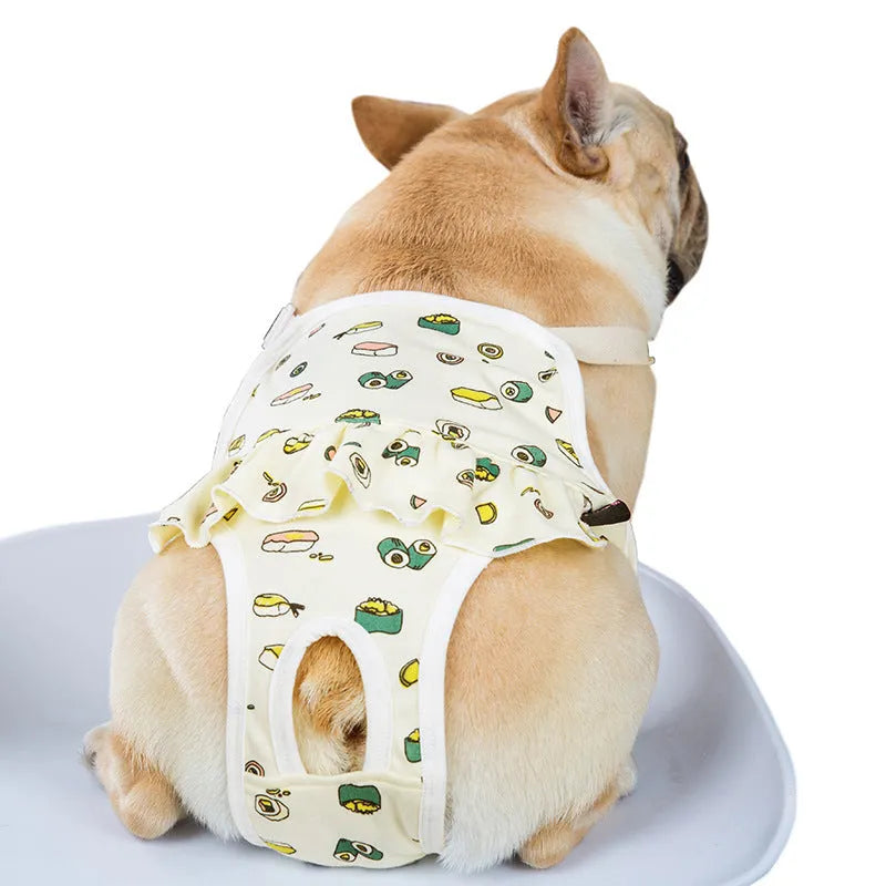 Washable cotton female dog menstrual safety pants in blue, side view on white background