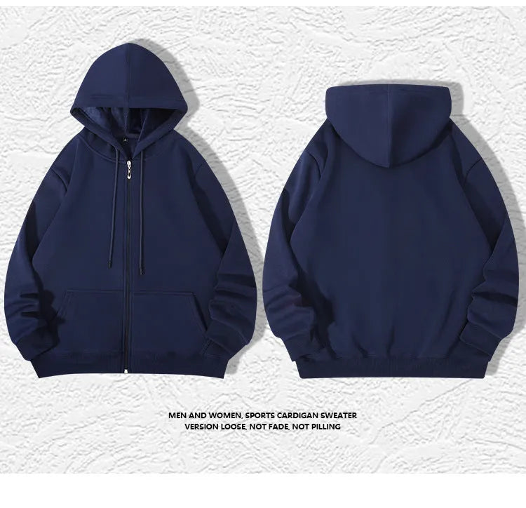 Man wearing a beige heavyweight cotton zipper hoodie with a hood and front pockets, showing loose fit.
