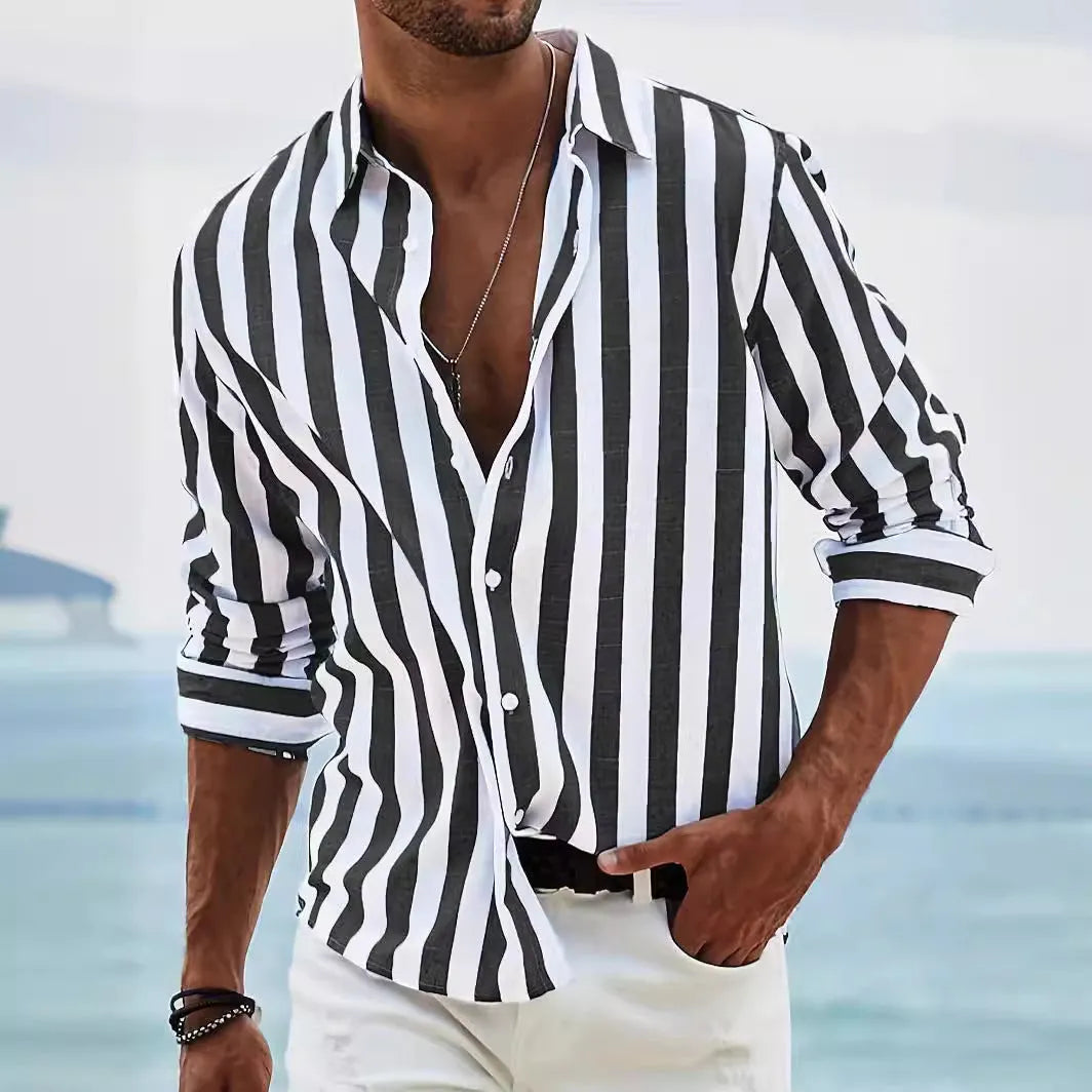 Men's loose-fit striped long-sleeved shirt in British cardigan style, available in light grey, black, pink, dark grey, red, and blue.