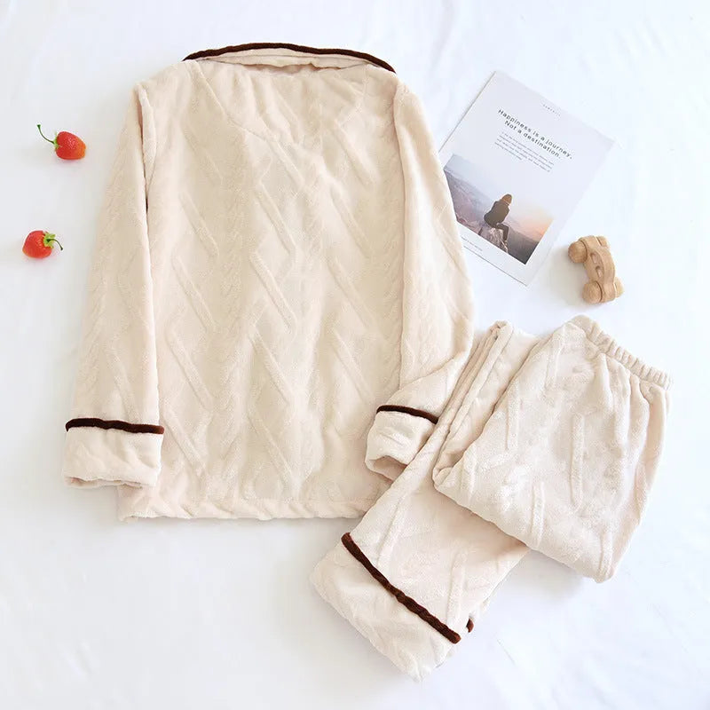 Autumn winter flannel couple pajamas set in dark gray and milky white with top and pants