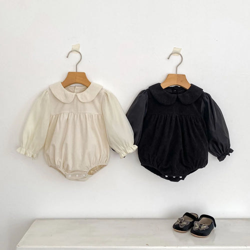 Baby girls corduroy doll collar long sleeve bottom-covering rompers jumpsuit in apricot or black