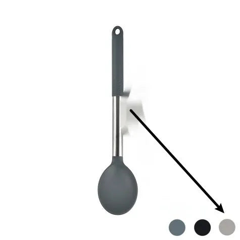 Black silicone kitchen utensil set with 12 tools stored in a rotating plastic storage bucket on a worktop.