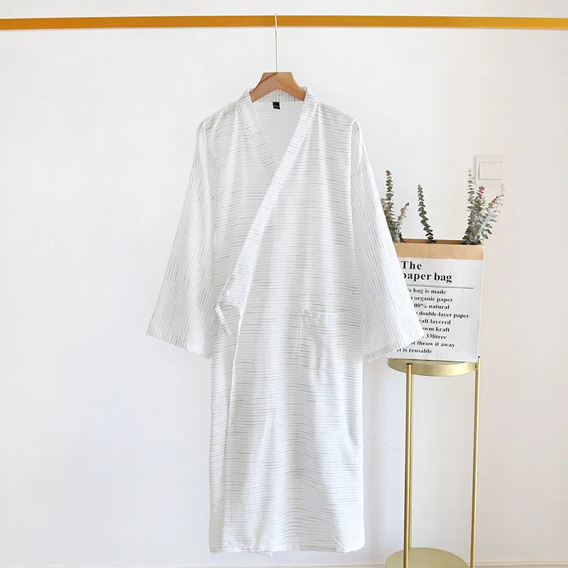 Cyan cotton jacquard gauze kimono bathrobe with 3/4 sleeves on a model