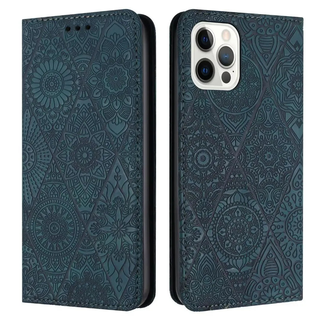 Retro embossing suction leather phone case with bracket for iPhone in black imitation leather