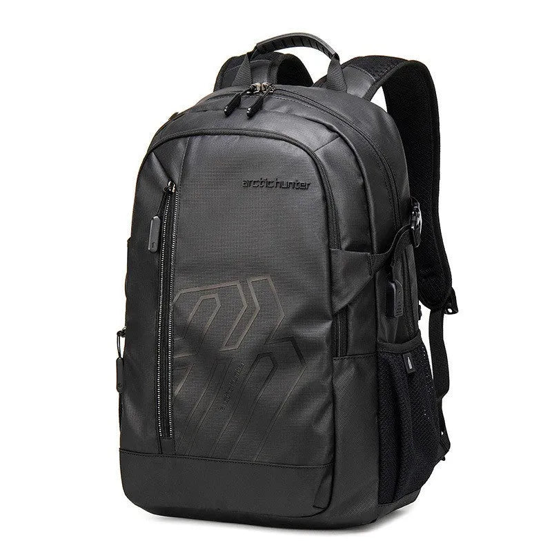Blue plaid 18 inch laptop backpack with curved shoulder strap showing front pocket.