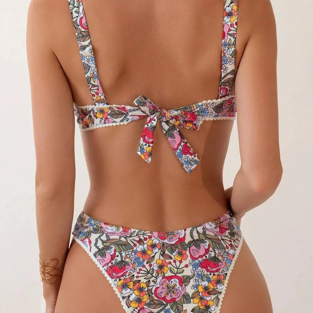 Women's floral print push-up bikini with steel bracket and high-waisted briefs