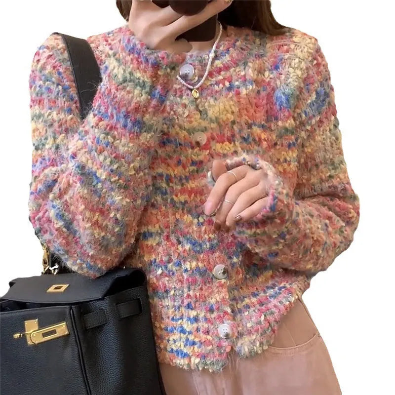 Retro rainbow knitted cardigan in pink and green ice cream colours, slim fit.