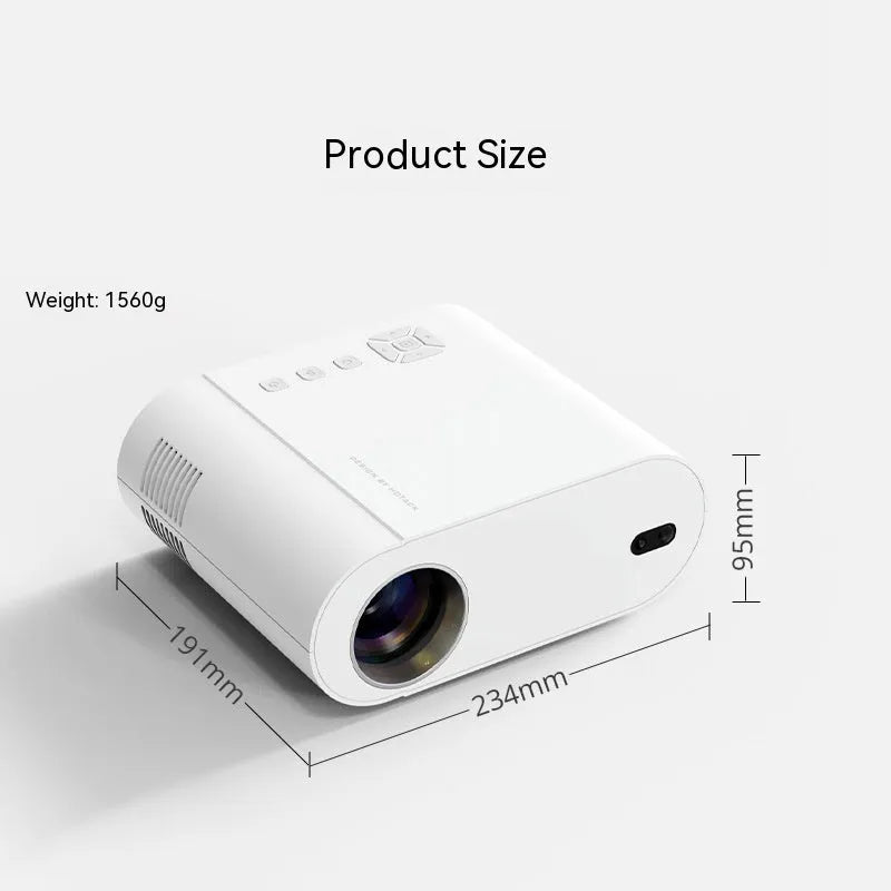 White Full HD smart projector with remote control showing 1080p resolution and Android system