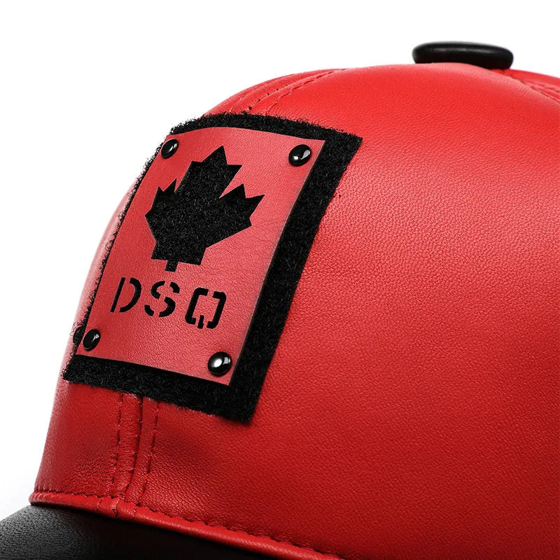 Lambskin genuine leather baseball cap, unisex adjustable one size, letter detail, blue black red options