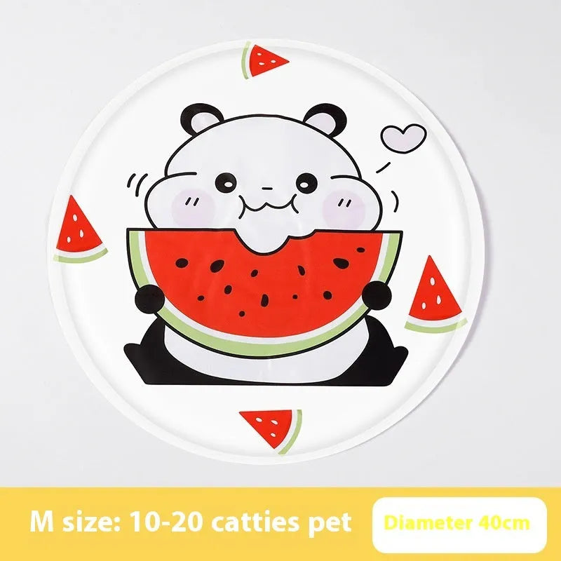 Round pet cooling mat with cartoon dog design, gel-filled for summer heat relief.