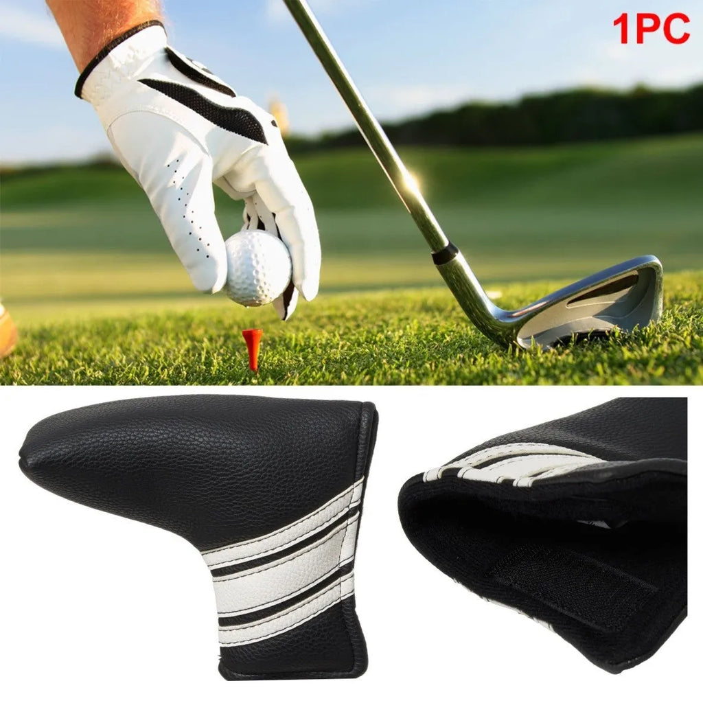 Black PU leather golf push rod case with a zipper, shown holding a club head cover.