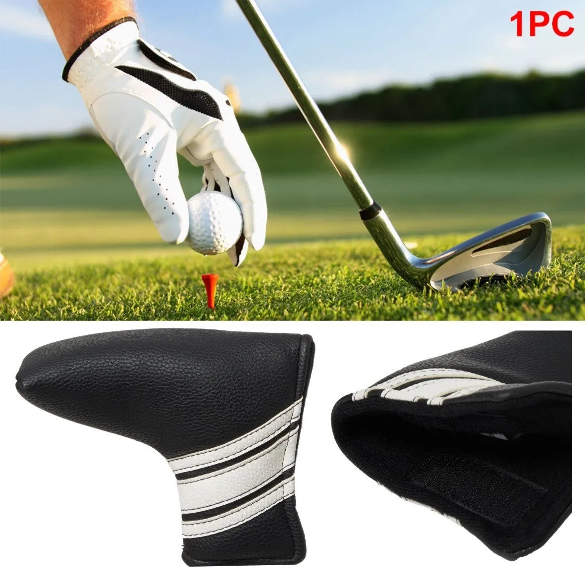 Black PU leather golf push rod case with a zipper, shown holding a club head cover.
