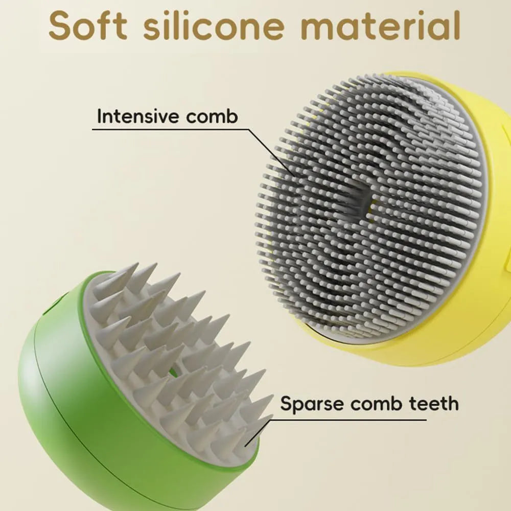 Green and yellow rechargeable 3-in-1 silicone steam brush for grooming cats and dogs.