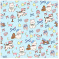 Cartoon printed cat design nylon cosmetic bag shown in Blue Puppy colour, with dimensions for large, medium, and small sizes.