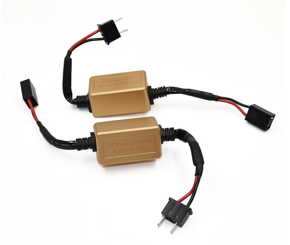 Black alloy H4 H7 H11 LED car headlight Canbus decoder with plug connectors.