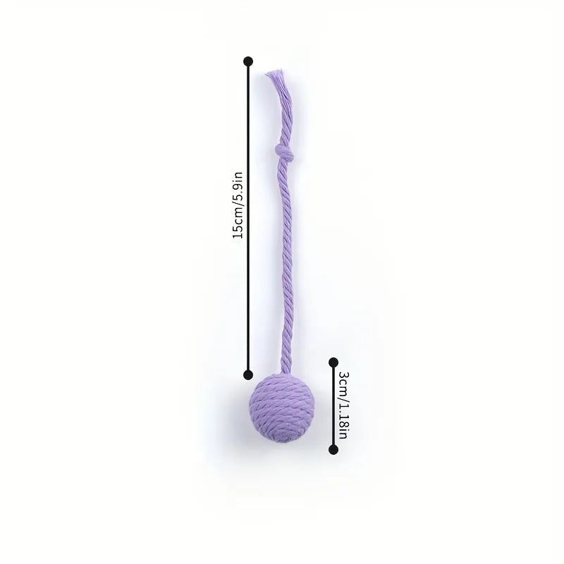 Cat toy ball with rope attachment and bell inside, shown in green, pink, purple, and yellow colour options