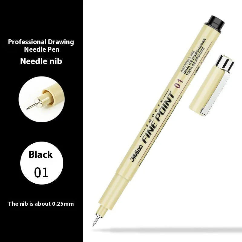 Waterproof needle pen with hand-drawn cartoon syringe design, black ink, 133mm length.