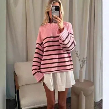 Stripe warm knitted pullover in thick chenille, loose fit, round neck, long sleeves, pink colour