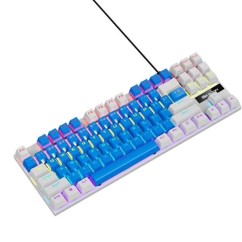 K87 wired mechanical gaming keyboard with metal base, shown in blue white colour with green mechanical switches.