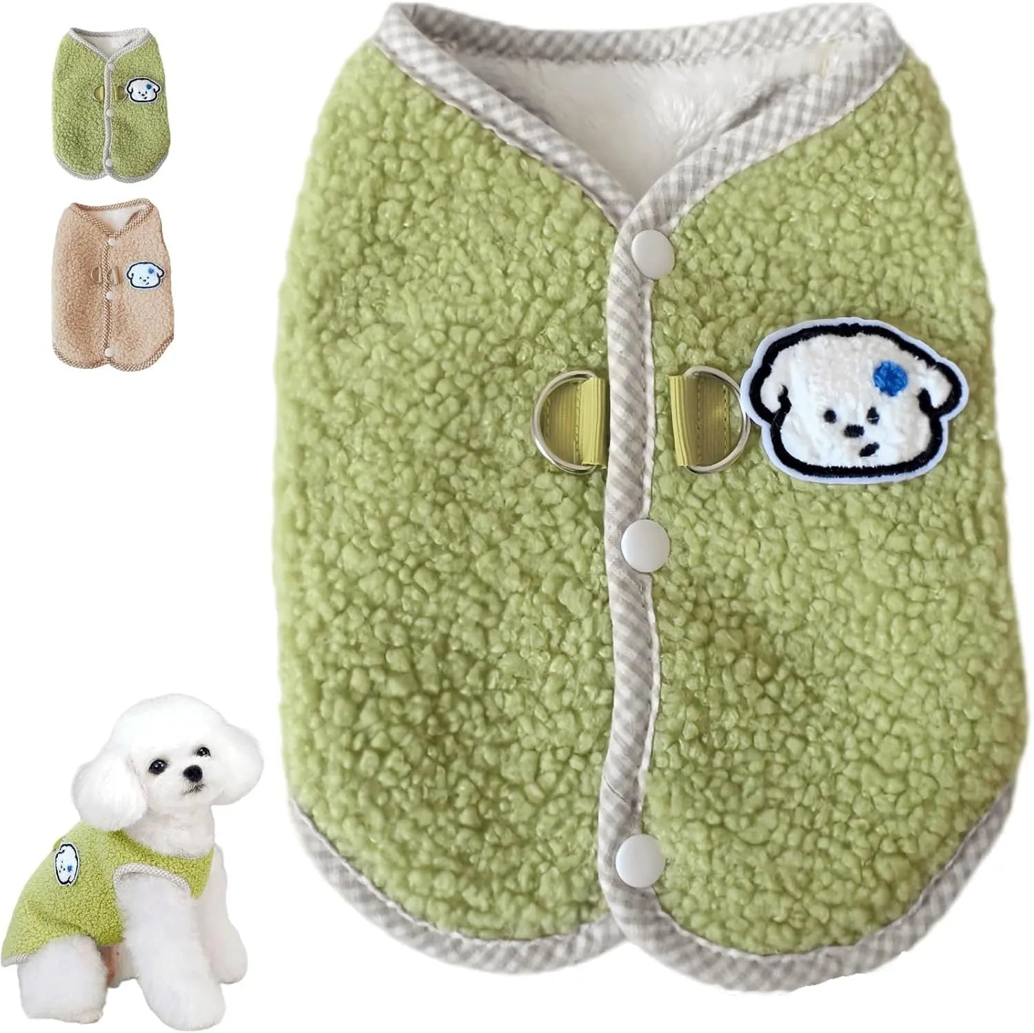 Green thickened coral fleece dog vest with a metal leash ring on a small dog.