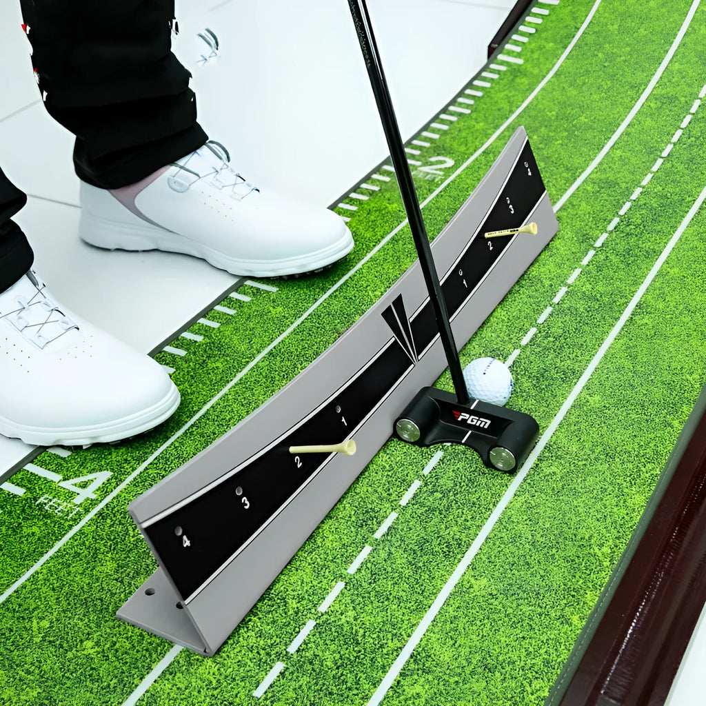 Golf putter trajectory balance simulator with adjustable PVC push rod on a green carpet