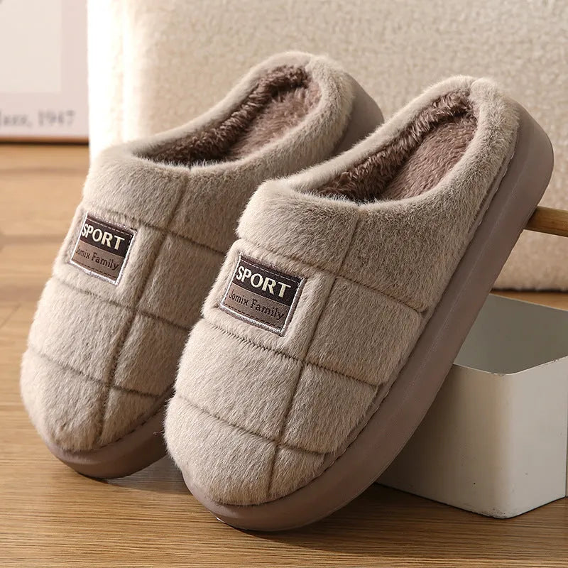 Men's plaid pattern winter slippers with rabbit hair upper and brown colourway.