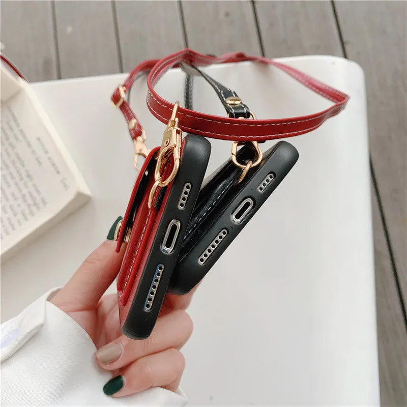 Embossed imitation leather phone case with raised card holder and detachable crossbody rope for iPhone