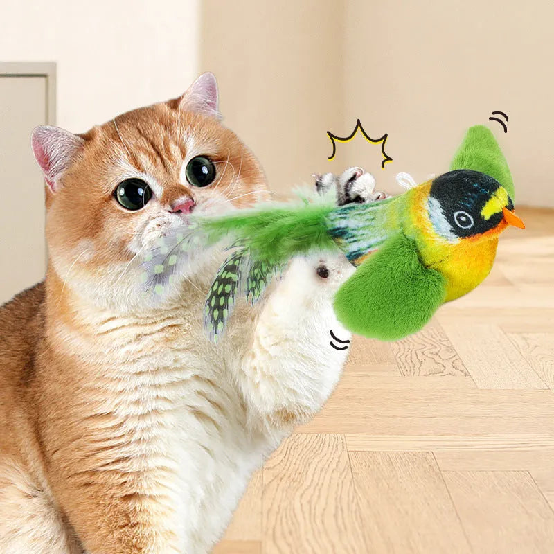 Flappy Chase cat toy with flapping wings and chirping sparrow simulation in Blue, Grey, or Green