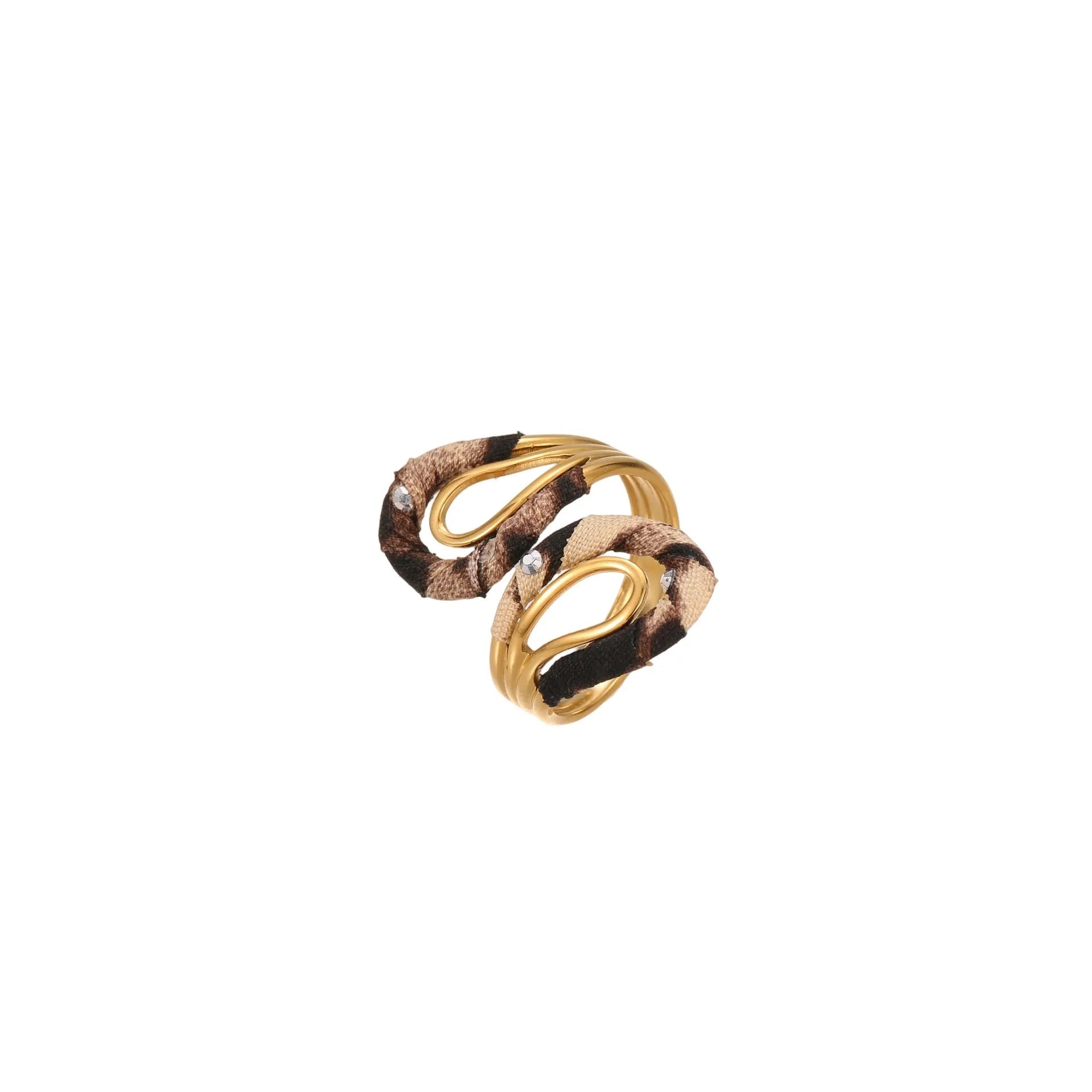 Geometric open mouth ring with leopard print design in electroplated stainless steel showing adjustable free-size construction