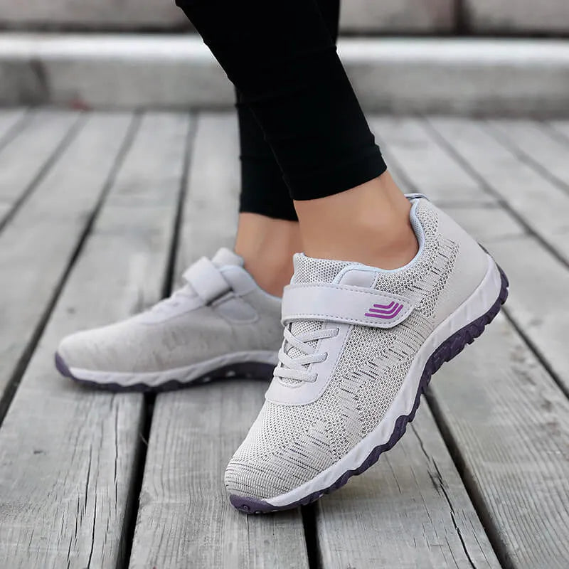 Women's gray purple low top wedge heel shoes with mesh upper and Velcro strap