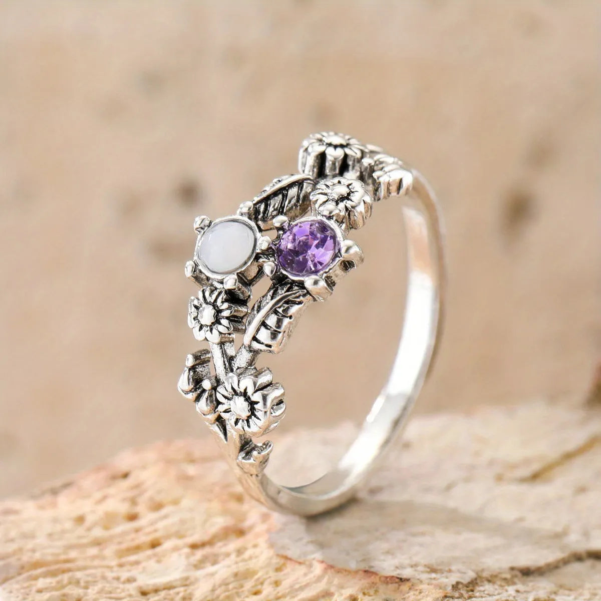 Purple gemstone flower ring for women in silver zinc alloy, available in sizes 6 to 10