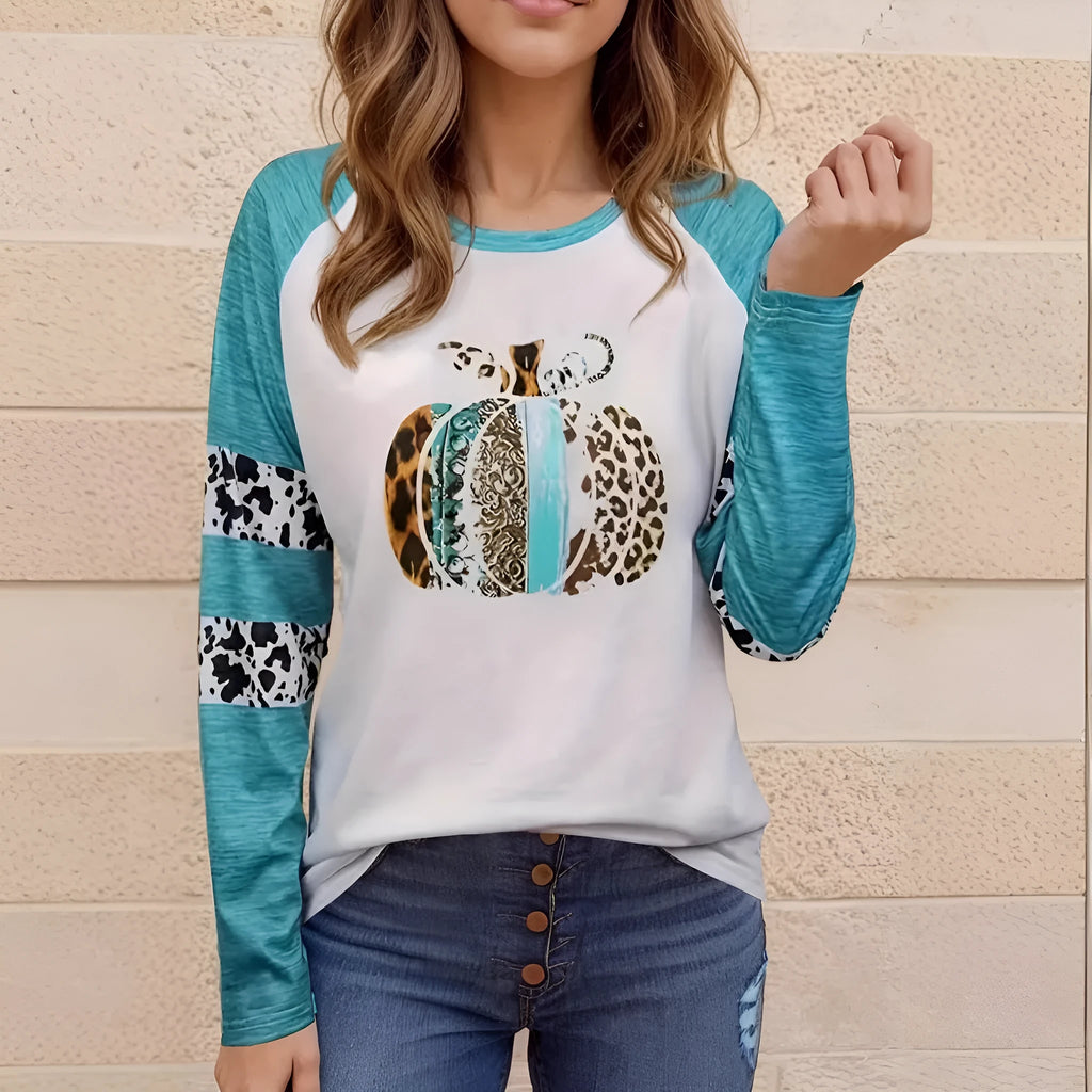 White long sleeve casual T-shirt with a sky blue Halloween pumpkin digital print design.